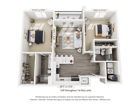 A 3D floor plan of a house with a living room, kitchen, and two bedrooms.